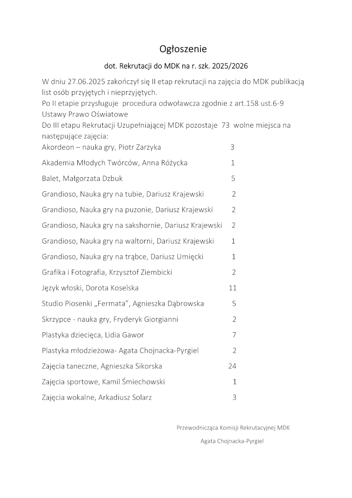 Ogłoszenie dot. rekrutacji do MDK 2025/2026